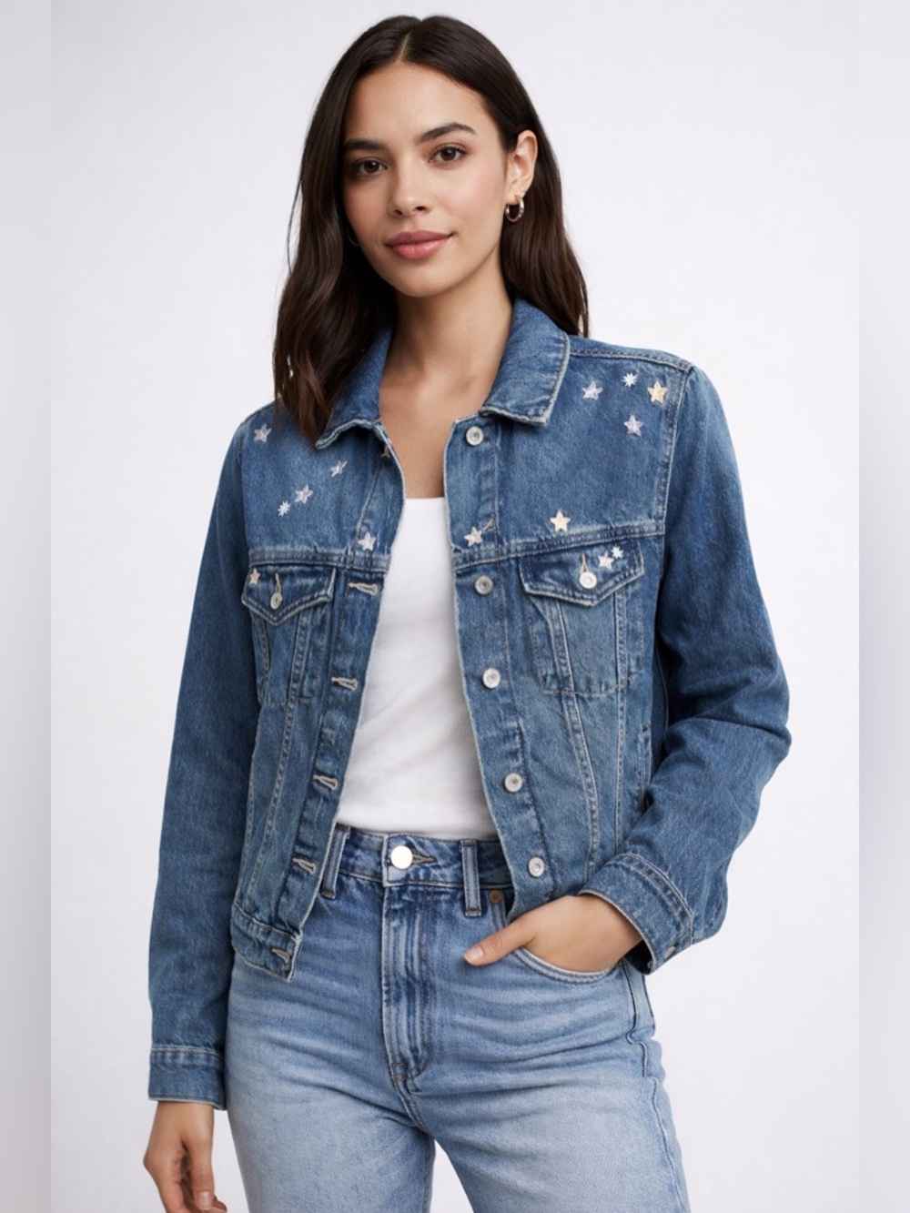 Lucky Brand Denim Jacket Embellished Star Applique Blue Jean Womens size large